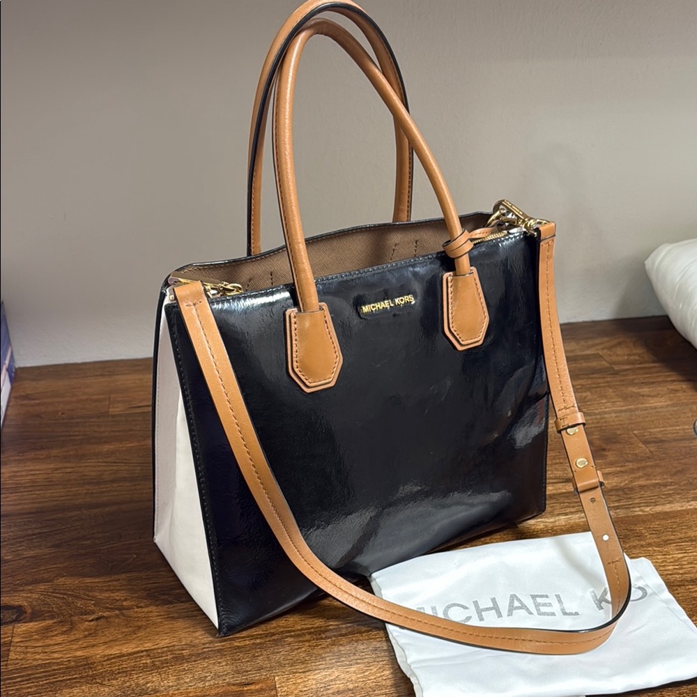 Michael Kors Glossy Black and Tan Tote